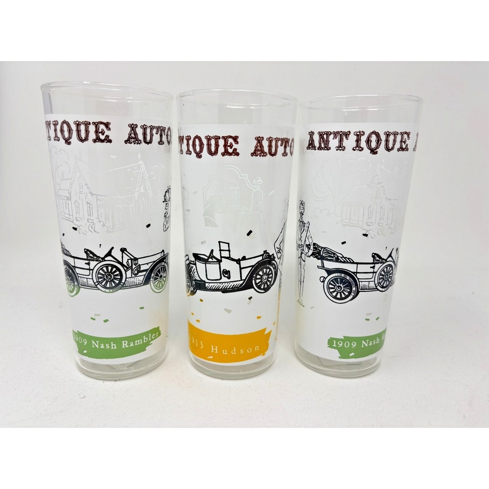 Vintage Antique Automobile Frosted Glasses Set of 3 Nash Rambler Hudson